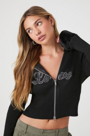 Sudadera con Capucha Forever 21 Rhinestone Love Zip Up Mujer Negras Multicolor | WO39LIa0YnQ