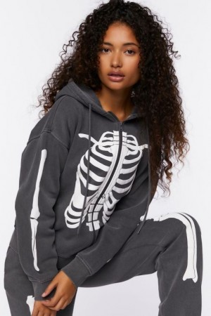 Sudadera con Capucha Forever 21 Skeleton Zip Up Mujer Gris Blancas | 9wC1GlFEC2T