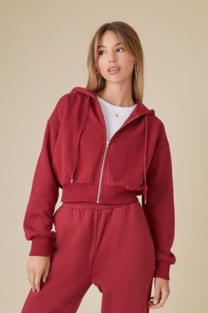 Sudadera con Capucha Forever 21 Uniform Fleece Zip Up Mujer Burdeos | DuiGTDfQbX8