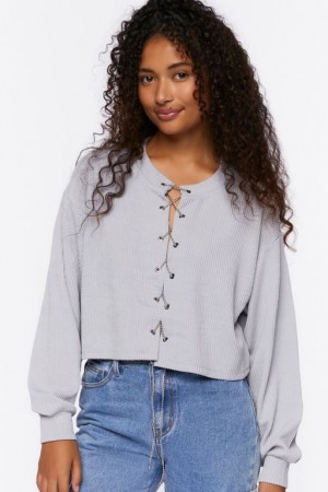 Sudaderas Forever 21 Chain Lace Up Eyelet Crop Mujer Gris Claro | 1fZrgdACe7Z