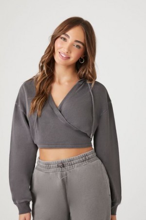 Sudaderas Forever 21 Hooded Wrap Crop Mujer Gris Oscuro | razm9fWQb9D