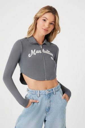 Sudaderas Forever 21 Manhattan Estampadas Crop Mujer Gris Multicolor | qv9842sWmuk