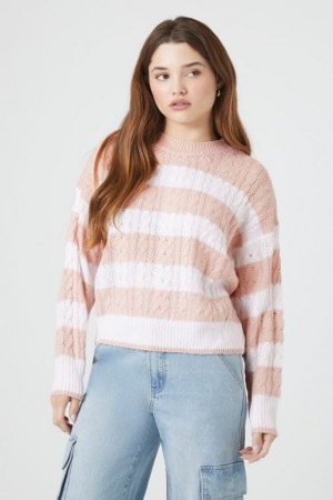 Suéteres Forever 21 A Rayas Cable Knit Mujer Rosas Blancas | RU6sEb3lSYn