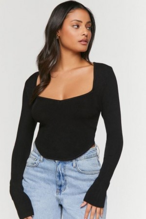 Suéteres Forever 21 Acanalado Knit Crop Mujer Negras | VztHNh2GhA5