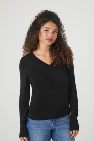 Suéteres Forever 21 Acanalado V Neck Mujer Negras | 7NL3deVe5Fx