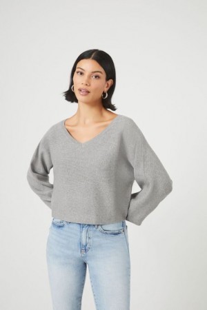 Suéteres Forever 21 Acanalado V Neck Mujer Gris | 44oYEJl8MhZ