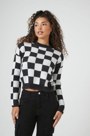 Suéteres Forever 21 Checkered Cropped Mujer Negras Creme | mz0wZaISGoq