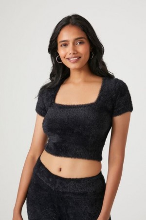 Suéteres Forever 21 Cropped Fuzzy Knit Mujer Negras | snjOfHuzejJ