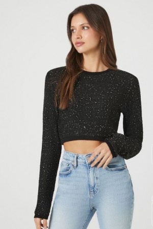 Suéteres Forever 21 Cropped Glitter Knit Mujer Negras | E2QhDTFPuNb