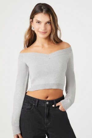 Suéteres Forever 21 Cropped Off The Shoulder Mujer Gris | 0o3frjZfHAj