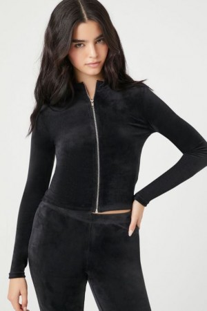 Suéteres Forever 21 Cropped Velour Zip Up Mujer Negras | 1tyDcpHHBPC