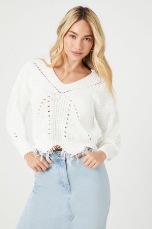 Suéteres Forever 21 Distressed Sharkbite Cutout Mujer Blancas | XHD2vqpZ9XI