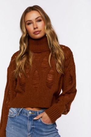 Suéteres Forever 21 Distressed Turtleneck Mujer Chocolate | 5lKOEbikM1J