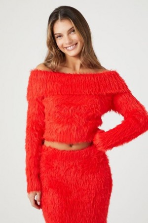 Suéteres Forever 21 Faux Fur Off The Shoulder Mujer Rojas | xdoKmepIqJT