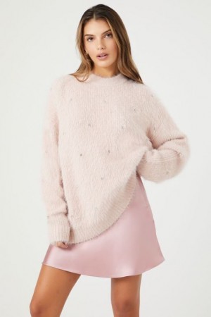 Suéteres Forever 21 Fuzzy Knit Rhinestone Mujer Rosas | vUPOwuL5Nmv