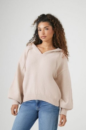 Suéteres Forever 21 Hooded Drop Sleeve Mujer Beige | 3QsvdAJUhwB