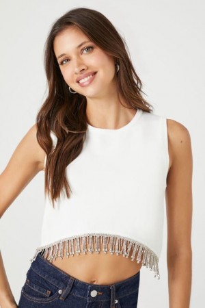 Suéteres Forever 21 Knit Rhinestone Crop Mujer Blancas | 4hUBiojlWPX