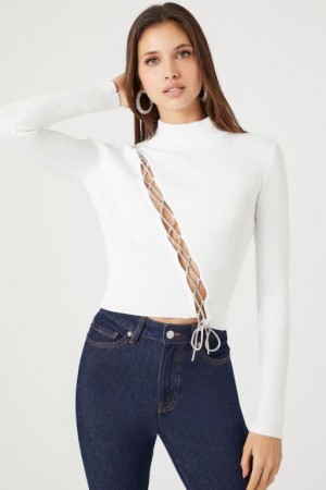 Suéteres Forever 21 Lace Up Mock Neck Mujer Blancas | vk6c5GUnPvL