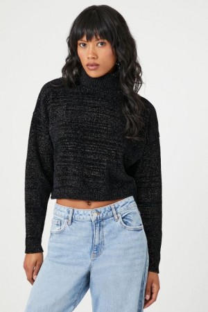 Suéteres Forever 21 Metallic Turtleneck Cropped Mujer Negras | ITFnRY1PgZW