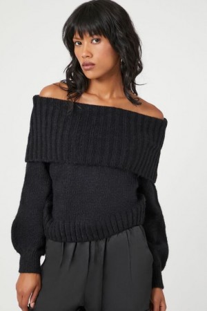 Suéteres Forever 21 Off The Shoulder Foldover Mujer Negras | usX0LyNGBRP