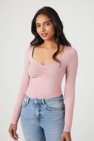 Suéteres Forever 21 Ruched Knit Bodysuit Mujer Moradas | CDnxgLchdeJ