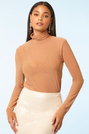 Suéteres Forever 21 Sheer Rhinestone Turtleneck Mujer Carob | cbsXUAuSiLo