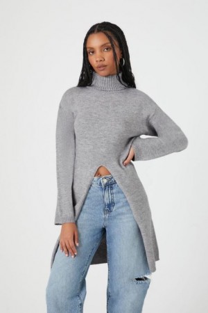 Suéteres Forever 21 Turtleneck Split Hem Mujer Gris | texhmF0m7nm