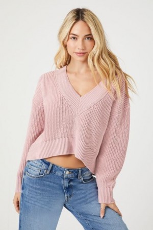 Suéteres Forever 21 V Neck Cropped Mujer Moradas | QHKRUQ1D500