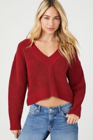 Suéteres Forever 21 V Neck Cropped Mujer Burdeos | a4o9Xhj7HWq