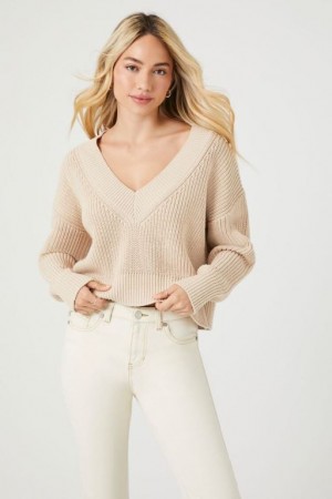 Suéteres Forever 21 V Neck Cropped Mujer Creme | ViZWNhgPUHH