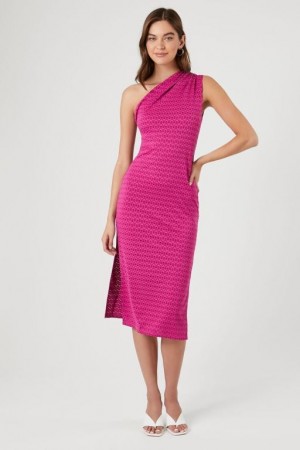 Vestido Forever 21 Abstract Print One Shoulder Midi Mujer Fucsia | Mm79gOeMTTv