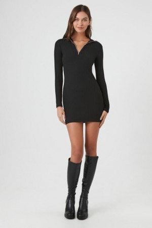 Vestido Forever 21 Acanalado Knit Half Zip Mini Mujer Negras | wXYdvsOiYwI