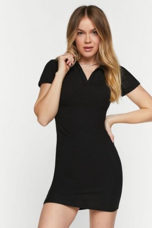 Vestido Forever 21 Acanalado Short Sleeve Collared Mini Mujer Negras | zwsowPGhYGi