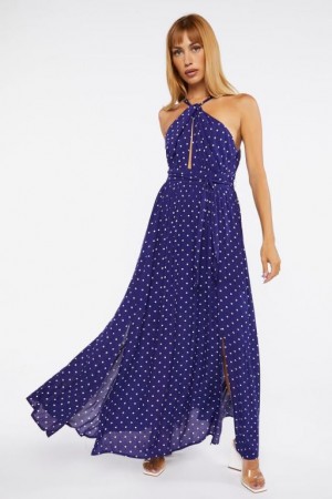 Vestido Forever 21 Belted Polka Dot Halter Maxi Mujer Azul Marino Blancas | hRS1RjB4pIt