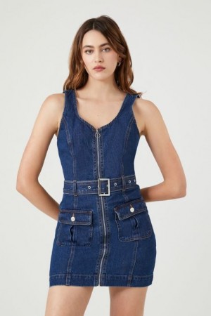 Vestido Forever 21 Belted Zip Front Denim Mini Mujer Azules Oscuro | nk01qjkew12