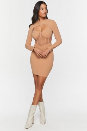 Vestido Forever 21 Bustier Mesh Cutout Mini Mujer Marrones | NM5b3qCI7SY