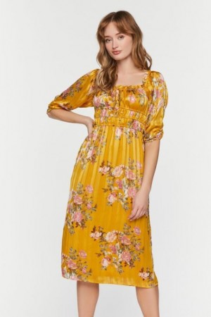 Vestido Forever 21 Chiffon Floral Print Midi Mujer Amarillo Multicolor | VUklfQdECMD