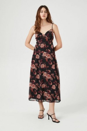 Vestido Forever 21 Chiffon Floral Surplice Midi Mujer Negras Multicolor | 4h0TjILWvH9