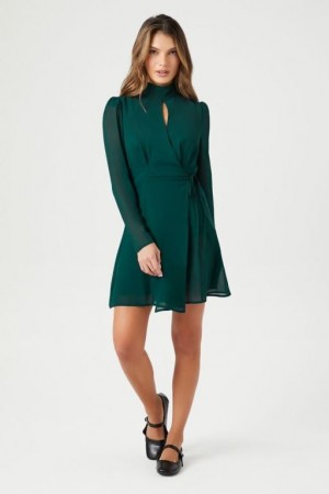 Vestido Forever 21 Chiffon Keyhole Tie Waist Mini Mujer Verde | YBJr30NDS97