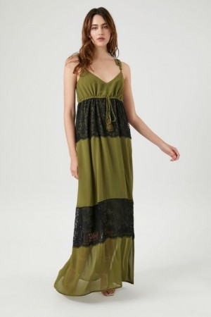 Vestido Forever 21 Chiffon Lace Trim Maxi Mujer Verde Oliva Negras | TztuBigBcGq