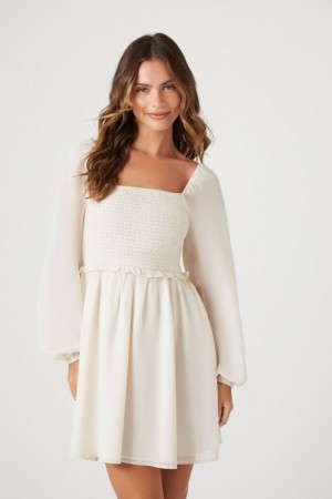 Vestido Forever 21 Chiffon Smocked Peasant Sleeve Mini Mujer Blancas | T3qRB4Yamyw