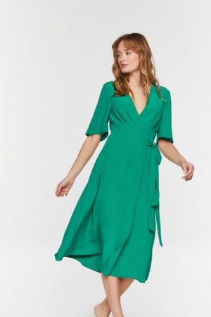 Vestido Forever 21 Crepe Midi Wrap Mujer Verde | IBMqwLqSOKR