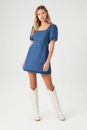 Vestido Forever 21 Denim Puff Sleeve Mini Mujer Azules Oscuro | 9tXrIDMYfyR