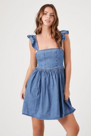 Vestido Forever 21 Denim Ruffle Strap Mini Mujer Azules | cnYOnSsoyUI