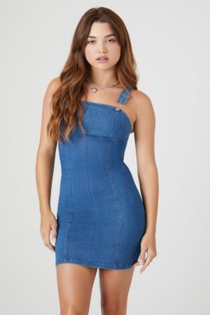 Vestido Forever 21 Denim Square Neck Bodycon Mujer Azules | CMx2MilMVYJ