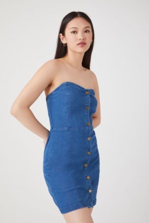 Vestido Forever 21 Denim Tube Mini Mujer Azules Claro | vkUmKzFRAxp