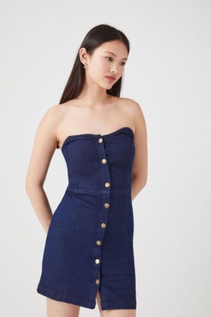 Vestido Forever 21 Denim Tube Mini Mujer Azules Oscuro | tFSEECqDs9M