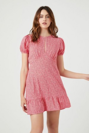 Vestido Forever 21 Ditsy Floral Ruffle Mini Mujer Rojas Blancas | GGmg890S7Mx