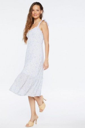 Vestido Forever 21 Ditsy Floral Tie Strap Midi Mujer Blancas Azules | QXq5UIVbDMt