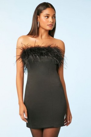 Vestido Forever 21 Faux Feather Trim Mini Tube Mujer Negras | tS7IXYwVrGz